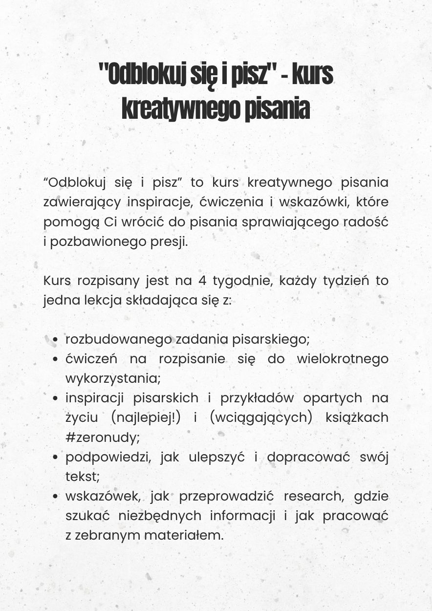 Przykładowa strona kursu kreatywnego pisania "Odblokuj się i pisz" Aleksandry Makulskiej Przykładowa strona kursu kreatywnego pisania "Odblokuj się i pisz" Aleksandry Makulskiej